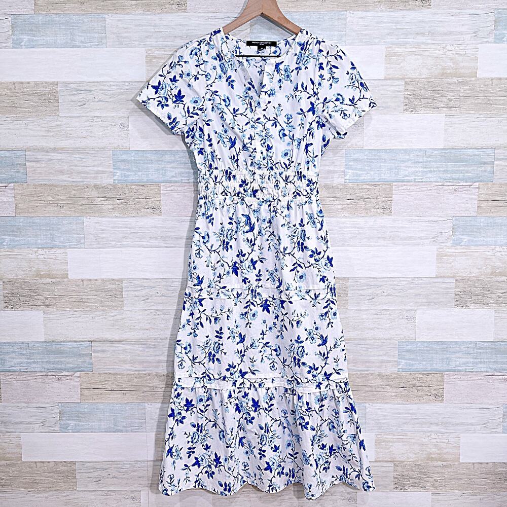 Women's White Floral Midi Dress with Blue Print